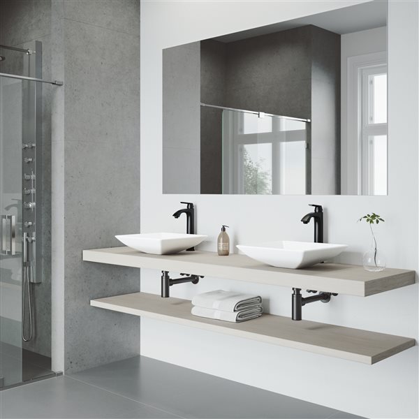 VIGO Hibiscus&nbsp;16-in Matte White Stone Square Vessel Bathroom Sink with Linus Faucet/Drain - Matte Black