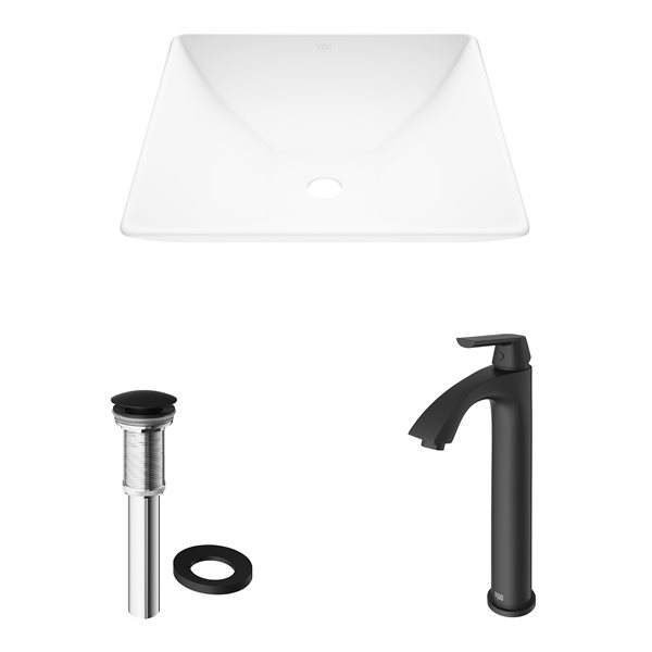 VIGO Hibiscus&nbsp;16-in Matte White Stone Square Vessel Bathroom Sink with Linus Faucet/Drain - Matte Black