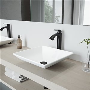 VIGO Hibiscus Bathroom Sink with Matte Black Faucet - 16-in - White