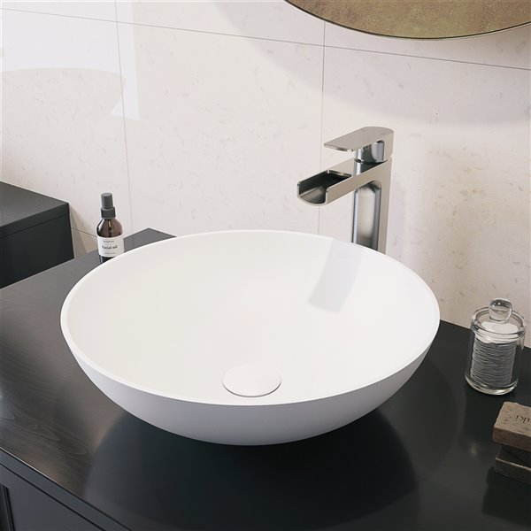 VIGO Lotus&nbsp;16-in dia. White Matte Stone Round Vessel Bathroom Sink with Amada Faucet/Drain - Brushed Nickel