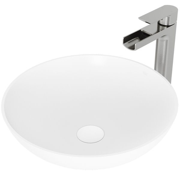 VIGO Lotus&nbsp;16-in dia. White Matte Stone Round Vessel Bathroom Sink with Amada Faucet/Drain - Brushed Nickel