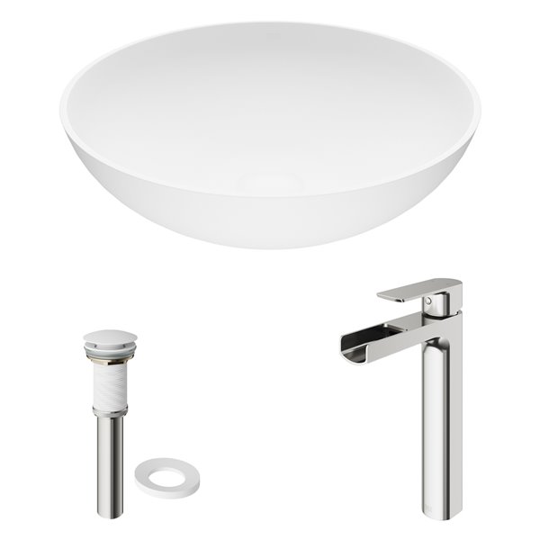 VIGO Lotus&nbsp;16-in dia. White Matte Stone Round Vessel Bathroom Sink with Amada Faucet/Drain - Brushed Nickel