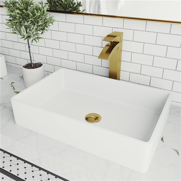 VIGO Magnolia Matte White Bathroom Sink - Matte Gold Faucet