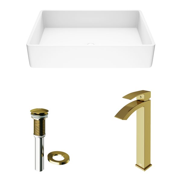 VIGO Magnolia Matte White Bathroom Sink - Matte Gold Faucet