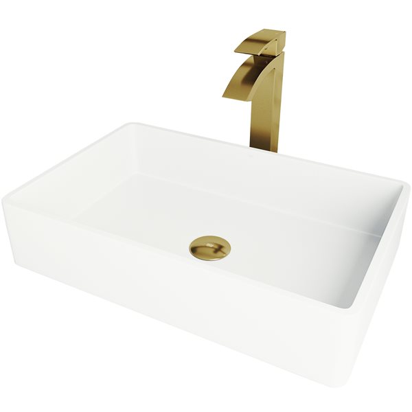 VIGO Magnolia Matte White Bathroom Sink - Matte Gold Faucet