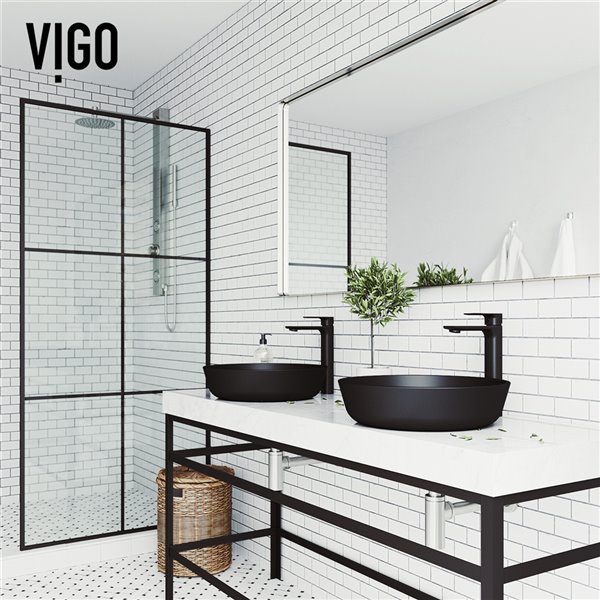 VIGO Glass 17-in dia. Black Round Vessel Bathroom Sink with Norfolk Faucet and Pop-Up - Matte Black