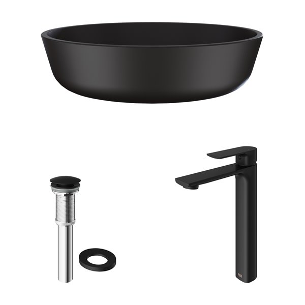 VIGO Glass 17-in dia. Black Round Vessel Bathroom Sink with Norfolk Faucet and Pop-Up - Matte Black