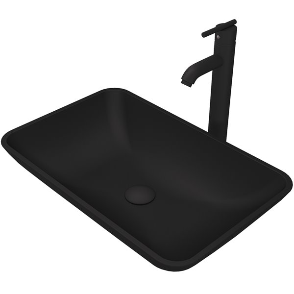 VIGO Glass&nbsp;14-in W x&nbsp;22-in L&nbsp;Black Rectangle Vessel Bathroom Sink with Seville Faucet and Pop-Up - Matte Black
