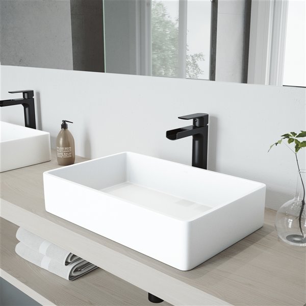 VIGO Magnolia&nbsp;14-in W x&nbsp;21-in L White Matte Stone Rectangle Vessel Bathroom Sink with Amada Faucet/Drain - Matte Black