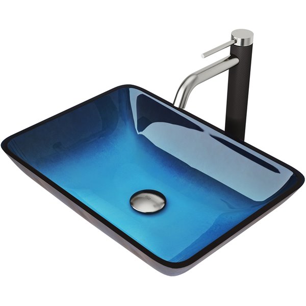 VIGO Glass&nbsp;13-in W x&nbsp;18-in L Blue Rectangle Vessel Bathroom Sink with Lexington Faucet and Drain - Brushed Nickel