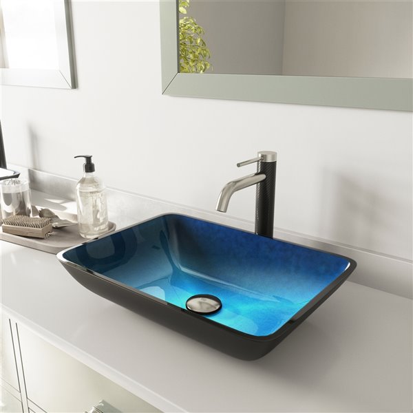 VIGO Glass&nbsp;13-in W x&nbsp;18-in L Blue Rectangle Vessel Bathroom Sink with Lexington Faucet and Drain - Brushed Nickel