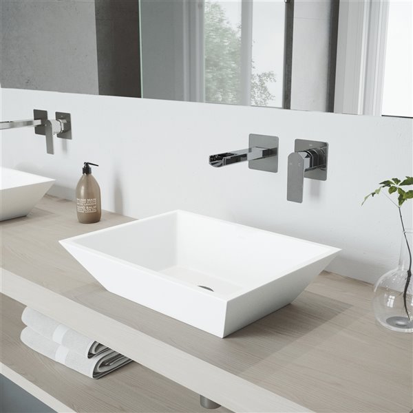VIGO Vinca Matte White Bathroom Sink with Chrome Faucet - 18-in