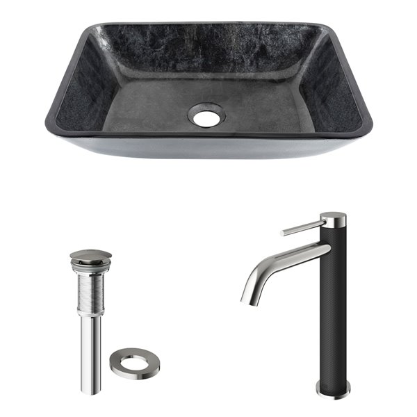 VIGO Glass&nbsp;13-in W x&nbsp;18-in L&nbsp;Onyx Rectangle Vessel Bathroom Sink with Lexington Faucet and Pop-Up - Brushed Nickel