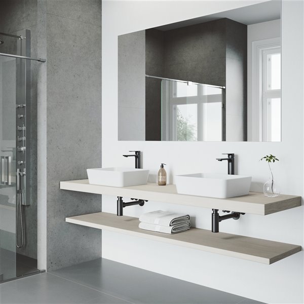 VIGO Marigold 14-in W x 18-in L White Matte Stone Rectangle Vessel Bathroom Sink with Norfolk Faucet/Drain - Matte Black