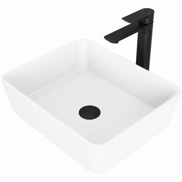 VIGO Marigold 14-in W x 18-in L White Matte Stone Rectangle Vessel Bathroom Sink with Norfolk Faucet/Drain - Matte Black