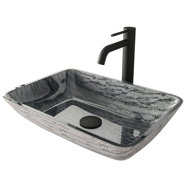 VIGO Glass&nbsp;13-in W x&nbsp;18-in L&nbsp;Titanium Rectangle Vessel Bathroom Sink with Lexington Faucet and Pop-Up - Matte Black