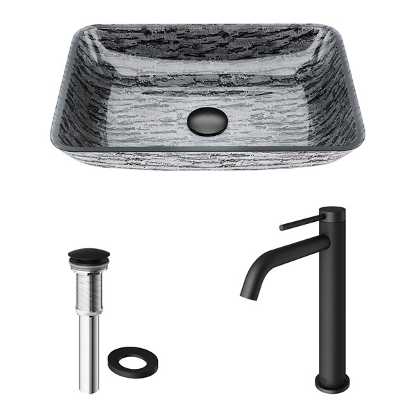 VIGO Glass&nbsp;13-in W x&nbsp;18-in L&nbsp;Titanium Rectangle Vessel Bathroom Sink with Lexington Faucet and Pop-Up - Matte Black