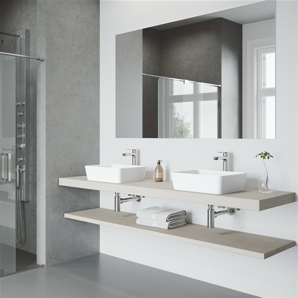 VIGO Marigold&nbsp;14-in W x&nbsp;18-in L White Matte Stone Rectangle Bathroom Vessel with Amada Faucet/Drain - Brushed Nickel
