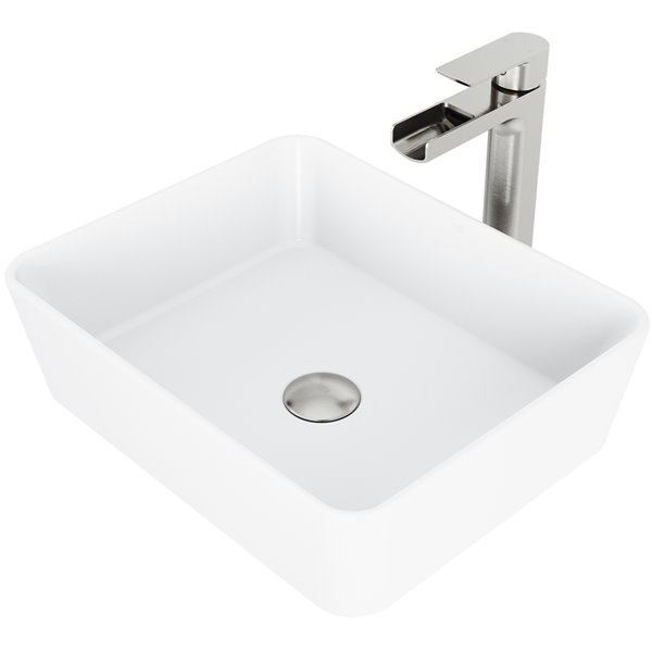 VIGO Marigold&nbsp;14-in W x&nbsp;18-in L White Matte Stone Rectangle Bathroom Vessel with Amada Faucet/Drain - Brushed Nickel