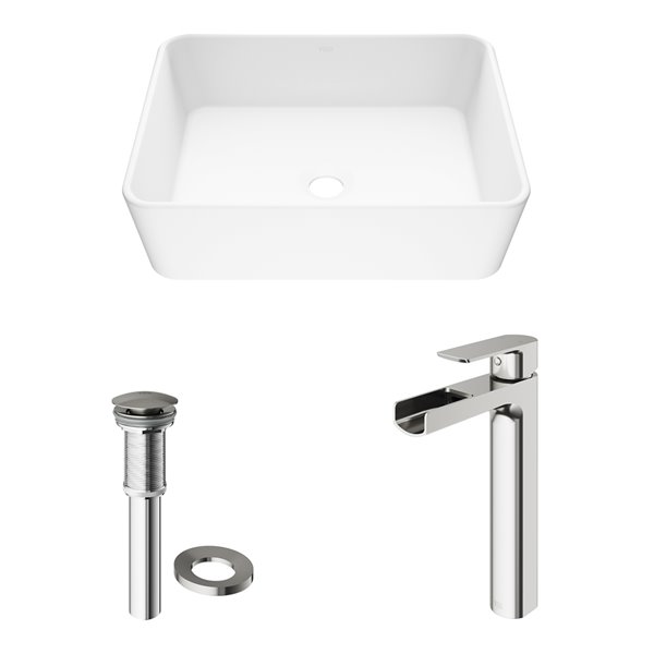 VIGO Marigold&nbsp;14-in W x&nbsp;18-in L White Matte Stone Rectangle Bathroom Vessel with Amada Faucet/Drain - Brushed Nickel