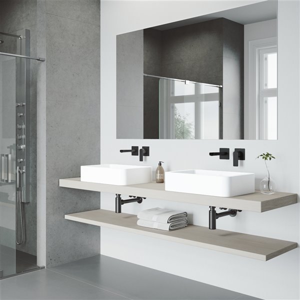 VIGO Petunia&nbsp;16-in W x&nbsp;23-in L White Matte Stone Rectangle Vessel Bathroom Sink w/Atticus Faucet/Drain - Matte Black