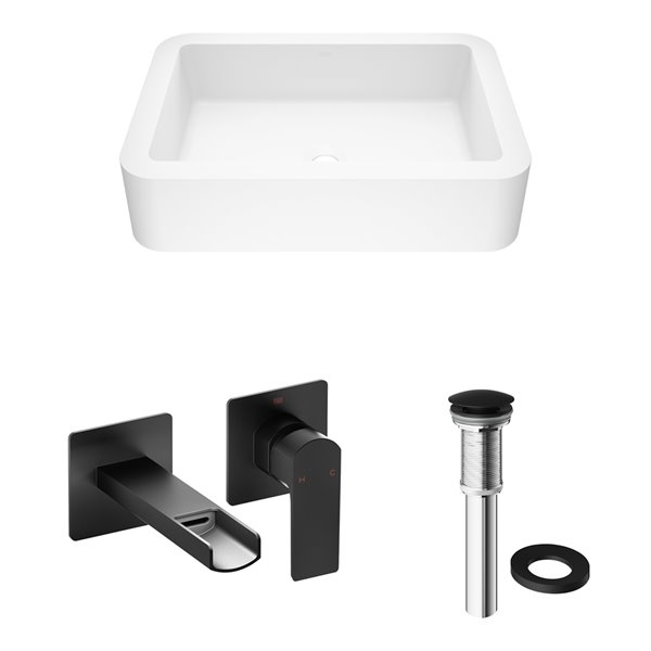 VIGO Petunia&nbsp;16-in W x&nbsp;23-in L White Matte Stone Rectangle Vessel Bathroom Sink w/Atticus Faucet/Drain - Matte Black