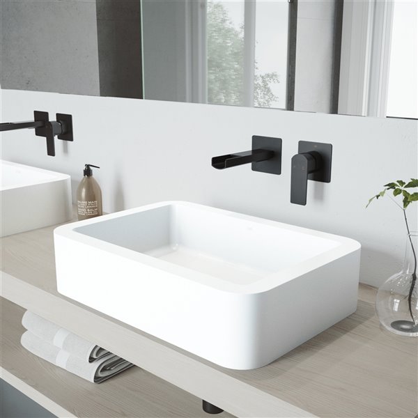 VIGO Petunia&nbsp;16-in W x&nbsp;23-in L White Matte Stone Rectangle Vessel Bathroom Sink w/Atticus Faucet/Drain - Matte Black