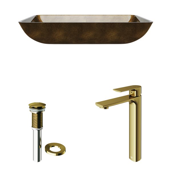 VIGO Glass&nbsp;15-in W x&nbsp;22-in L Rectangle Copper Vessel Bathroom Sink with Norfolk Faucet/Drain - Matte Gold