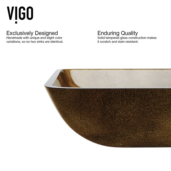 VIGO Glass&nbsp;15-in W x&nbsp;22-in L Rectangle Copper Vessel Bathroom Sink with Norfolk Faucet/Drain - Matte Gold