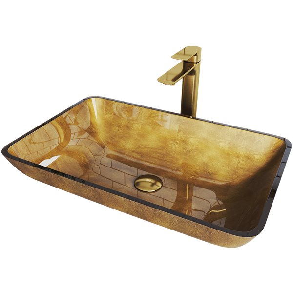 VIGO Glass&nbsp;15-in W x&nbsp;22-in L Rectangle Copper Vessel Bathroom Sink with Norfolk Faucet/Drain - Matte Gold
