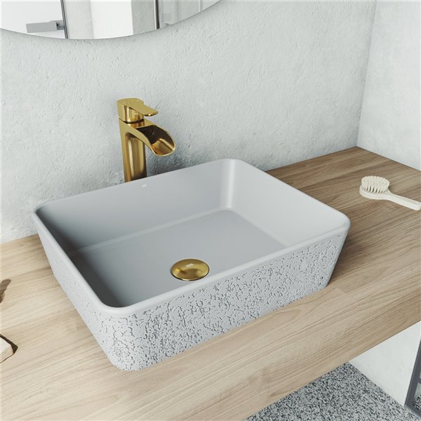 Vigo Zinnia Light Grey Bathroom Sink Matte Gold Faucet Vgt1509