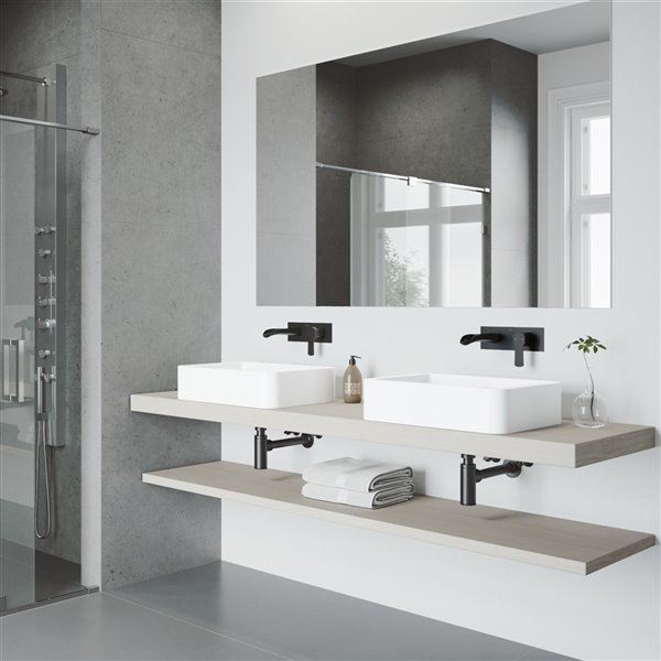 VIGO Petunia&nbsp;16-in W x&nbsp;23-in L White Matte Stone Rectanle Vessel Bathroom Sink w/Cornelius Faucet/Drain - Matte Black