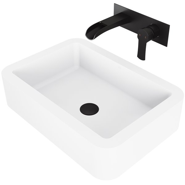 VIGO Petunia&nbsp;16-in W x&nbsp;23-in L White Matte Stone Rectanle Vessel Bathroom Sink w/Cornelius Faucet/Drain - Matte Black