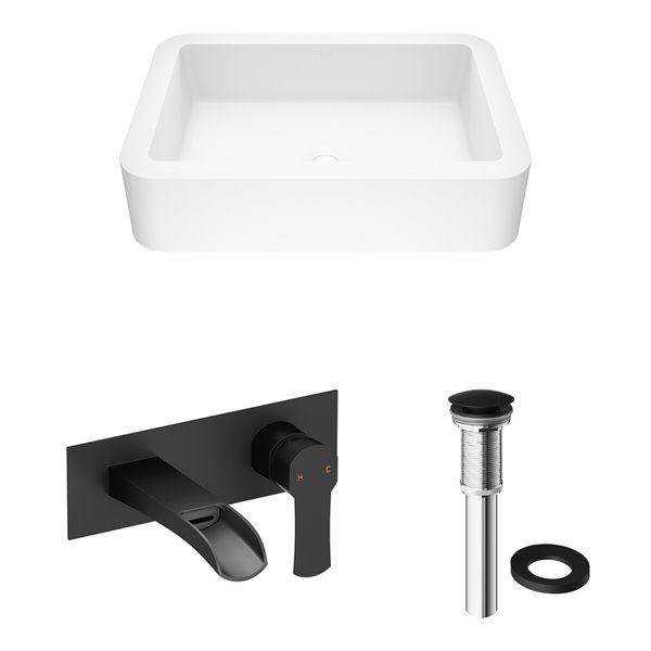VIGO Petunia&nbsp;16-in W x&nbsp;23-in L White Matte Stone Rectanle Vessel Bathroom Sink w/Cornelius Faucet/Drain - Matte Black