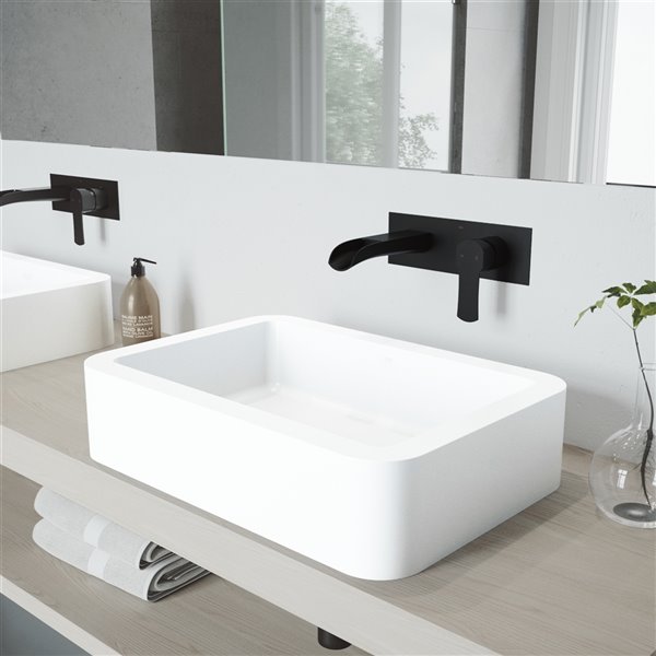 VIGO Petunia&nbsp;16-in W x&nbsp;23-in L White Matte Stone Rectanle Vessel Bathroom Sink w/Cornelius Faucet/Drain - Matte Black
