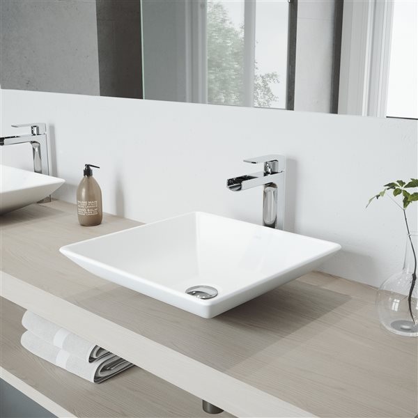 VIGO Hibiscus&nbsp;16-in Matte White Stone Square Vessel Bathroom Sink with Amada Faucet/Drain - Chrome
