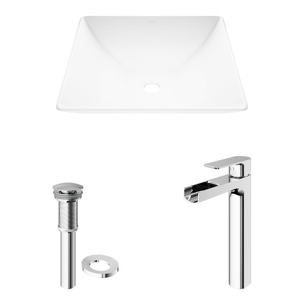 VIGO Hibiscus&nbsp;16-in Matte White Stone Square Vessel Bathroom Sink with Amada Faucet/Drain - Chrome