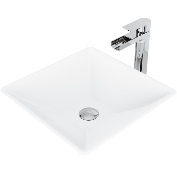 VIGO Hibiscus&nbsp;16-in Matte White Stone Square Vessel Bathroom Sink with Amada Faucet/Drain - Chrome