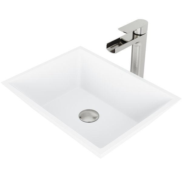 VIGO Vinca&nbsp;14-in W x&nbsp;18-in L White Matte Stone Rectangle Vessel Bathroom Sink w/ Amada Faucet/Drain - Brushed Nickel