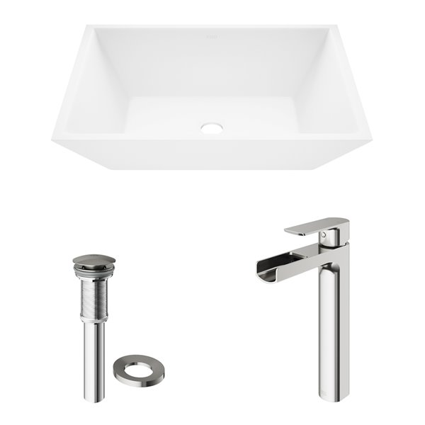 VIGO Vinca&nbsp;14-in W x&nbsp;18-in L White Matte Stone Rectangle Vessel Bathroom Sink w/ Amada Faucet/Drain - Brushed Nickel