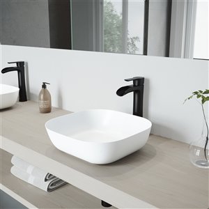 Lavabo de salle de bains Camellia de VIGO, robinet noir mat, 14,38 po