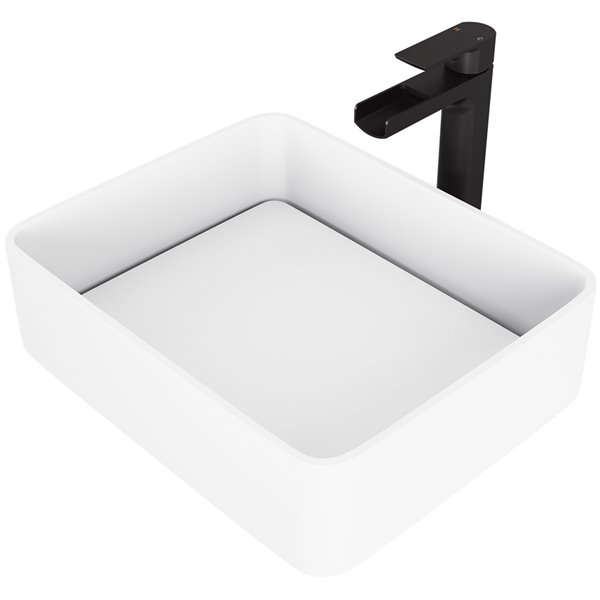 VIGO Jasmine&nbsp;15-in W x&nbsp;18-in L White Matte Stone Rectangle Vessel Bathroom Sink with Amada Faucet/Drain - Matte Black