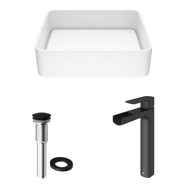VIGO Jasmine&nbsp;15-in W x&nbsp;18-in L White Matte Stone Rectangle Vessel Bathroom Sink with Amada Faucet/Drain - Matte Black