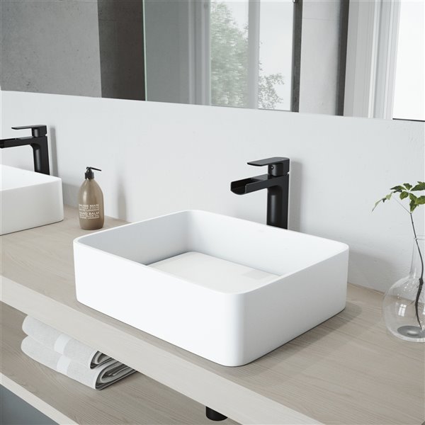 VIGO Jasmine&nbsp;15-in W x&nbsp;18-in L White Matte Stone Rectangle Vessel Bathroom Sink with Amada Faucet/Drain - Matte Black