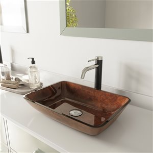 Lavabo de salle de bains brun rouge Russet de VIGO, robinet nickel brossé, 13 po