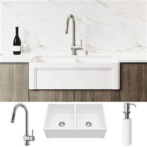 Évier de cuisine double Matte Stone de VIGO, robinet en acier inoxydable, 39 po x 25 po