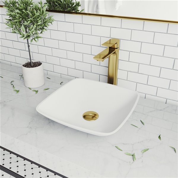 Vigo Hyacinth Matte White Bathroom Sink Matte Gold Faucet