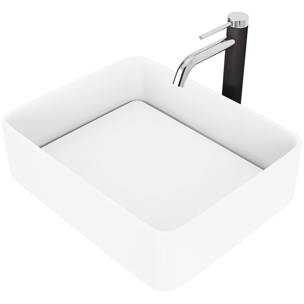VIGO Jasmine&nbsp;15-in W x&nbsp;18-in L White Matte Stone Rectangle Vessel Bathroom Sink with Lexington Faucet/Drain - Chrome