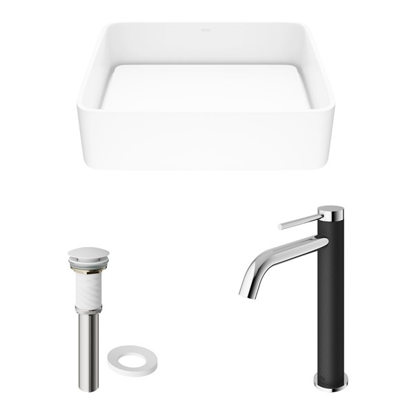 VIGO Jasmine&nbsp;15-in W x&nbsp;18-in L White Matte Stone Rectangle Vessel Bathroom Sink with Lexington Faucet/Drain - Chrome