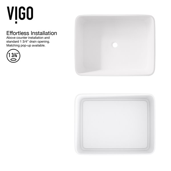 VIGO Jasmine&nbsp;15-in W x&nbsp;18-in L White Matte Stone Rectangle Vessel Bathroom Sink with Lexington Faucet/Drain - Chrome